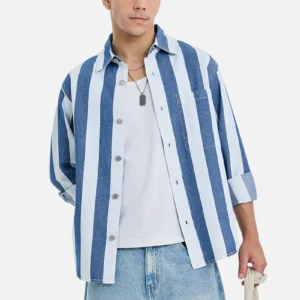 NEW ARRIVALS bold vertical stripes in contrasting blue and white define this relaxed fit overshirt